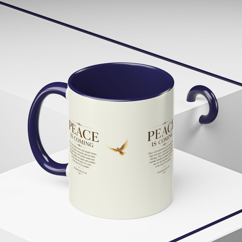 Inspirational Christian accent coffee mug featuring a peaceful dove and Isaiah 65:21-25 scripture with glossy finish and colorful handle and interior.