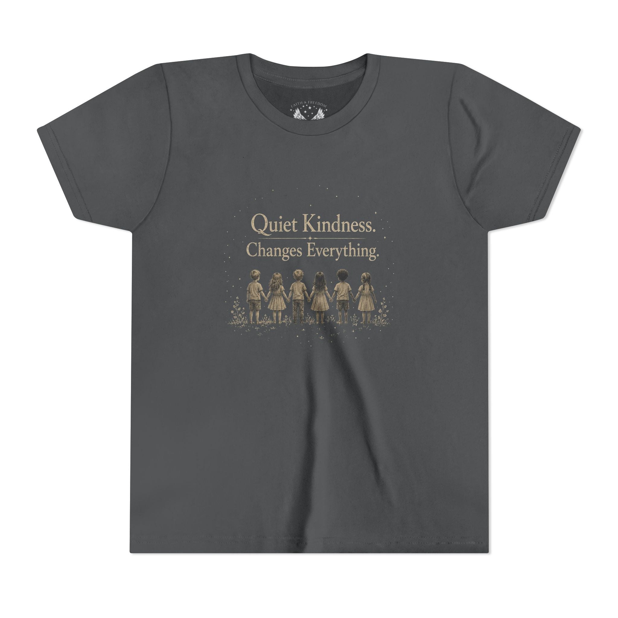 Youth “Quiet Kindness Changes Everything” Tee – Kids Inspirational T-Shirt with Earth & Friends Graphic
