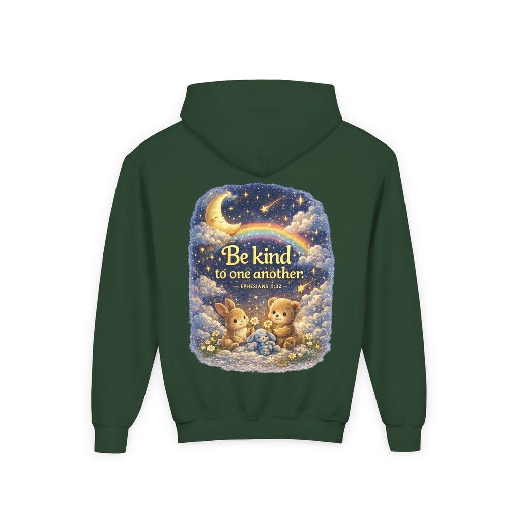 Youth “Be Kind to One Another” Hoodie – Cute Bunny Night Sky Scripture Sweatshirt