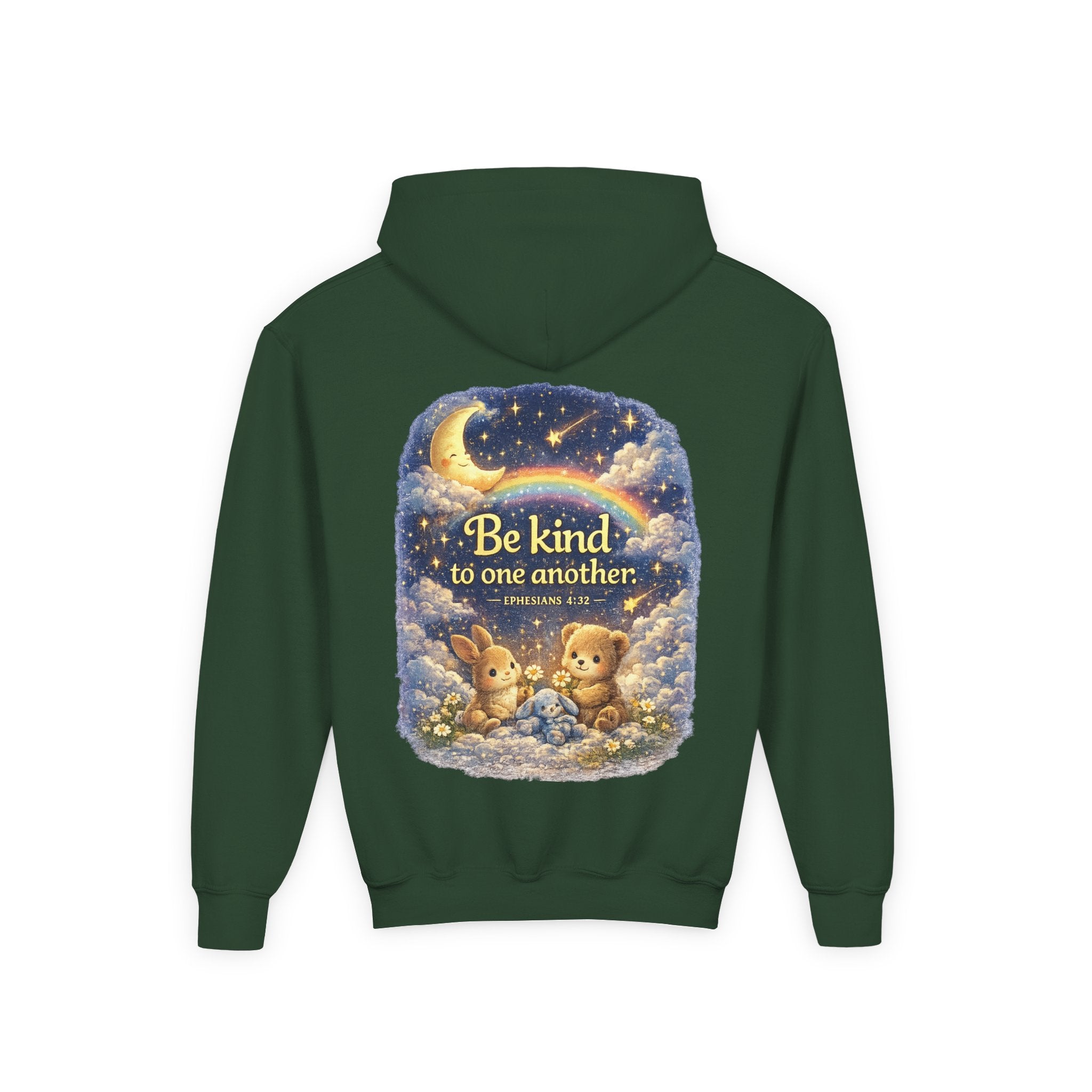 Youth “Be Kind to One Another” Hoodie – Cute Bunny Night Sky Scripture Sweatshirt