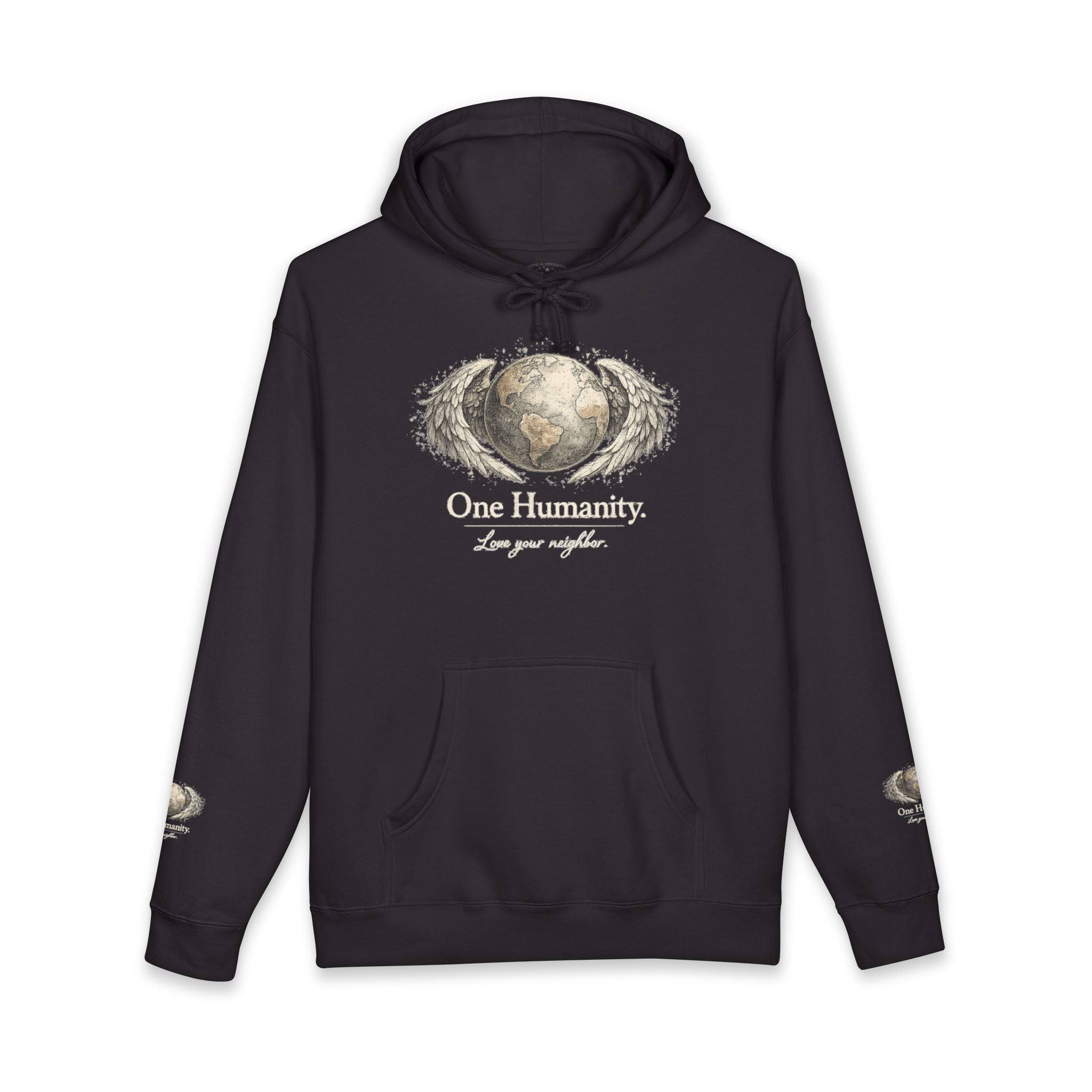 “One Humanity” Hoodie – “Love Your Neighbor” Earth & Wings Graphic Sweatshirt