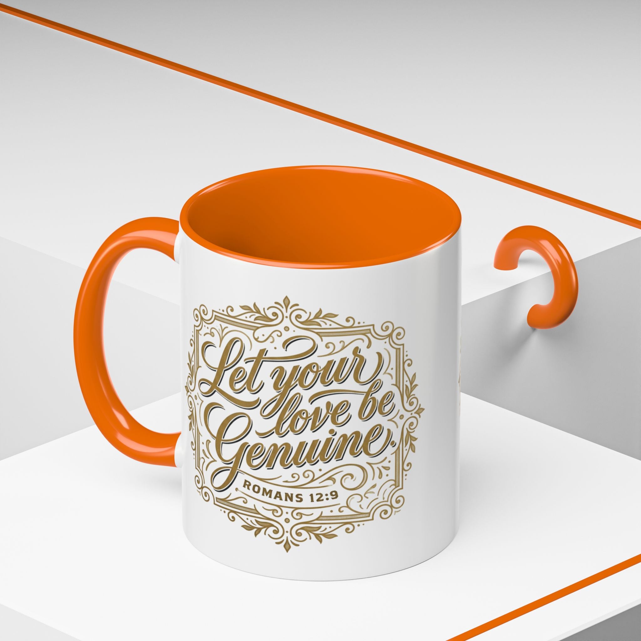Inspirational ceramic accent coffee mug featuring Romans 12:9 and the message “Let Your Love Be Genuine” in elegant gold script with decorative flourishes and black accent handle and interior.