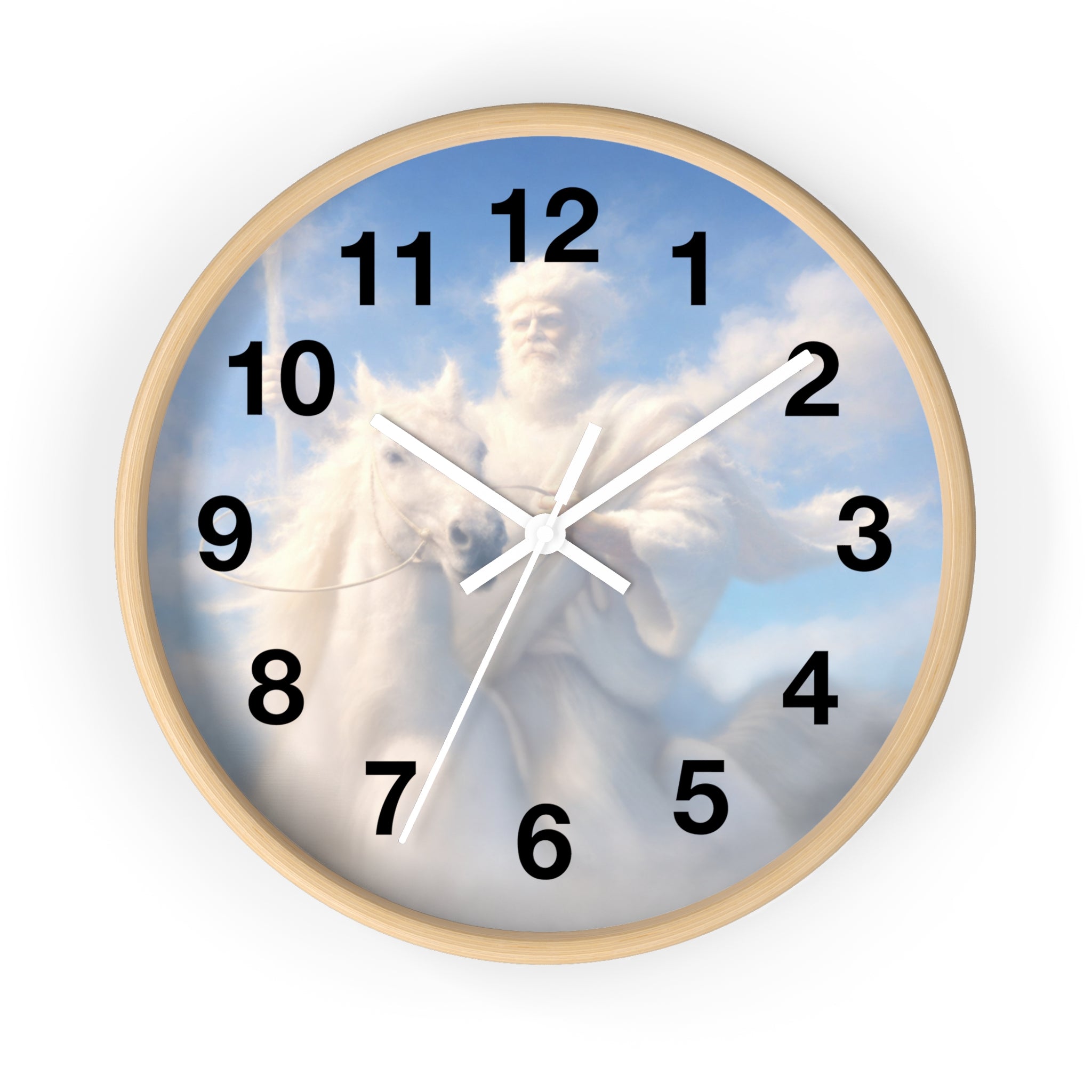 Inspirational Christian wall clock featuring Jesus riding through glowing clouds with classical devotional sky artwork and warm heavenly tones.