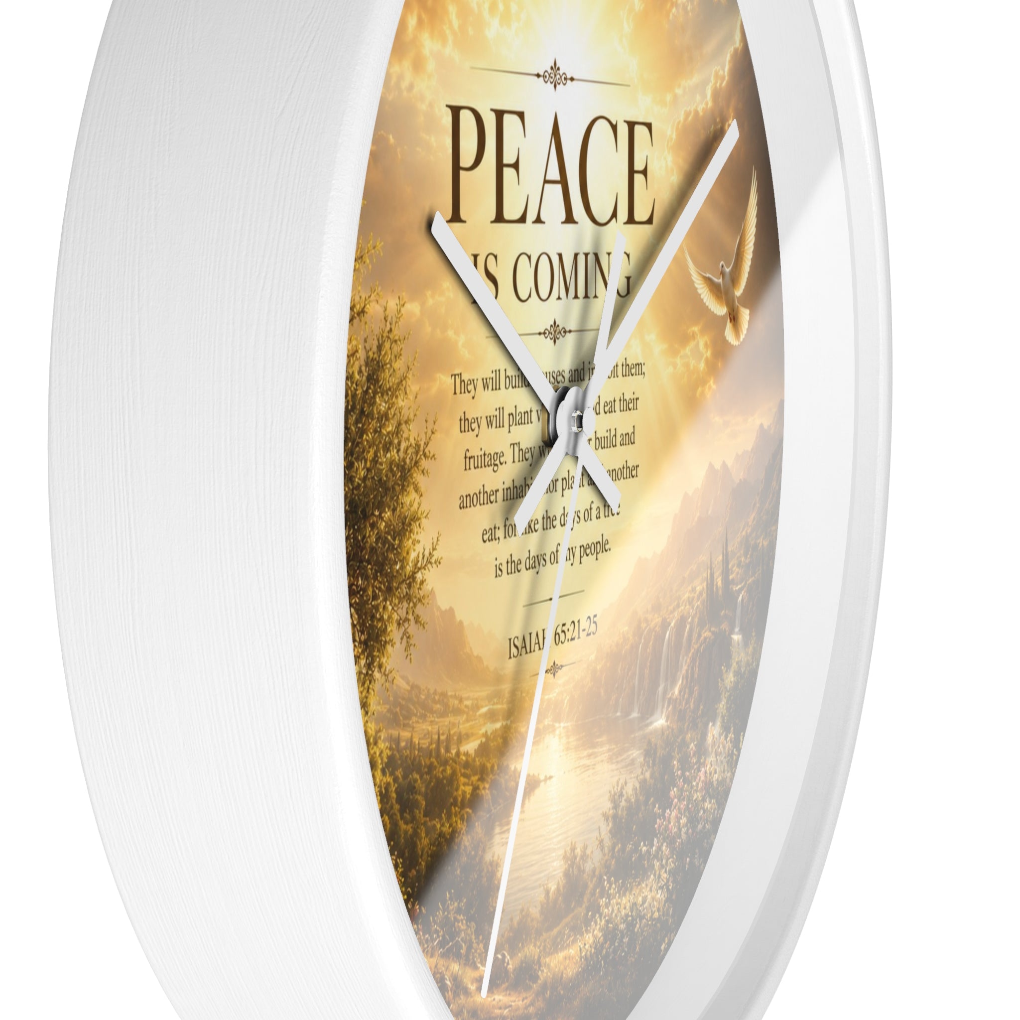 Peace Is Coming Wall Clock | Inspirational Christian Dove Decor | Silent Sunrise Quote Clock