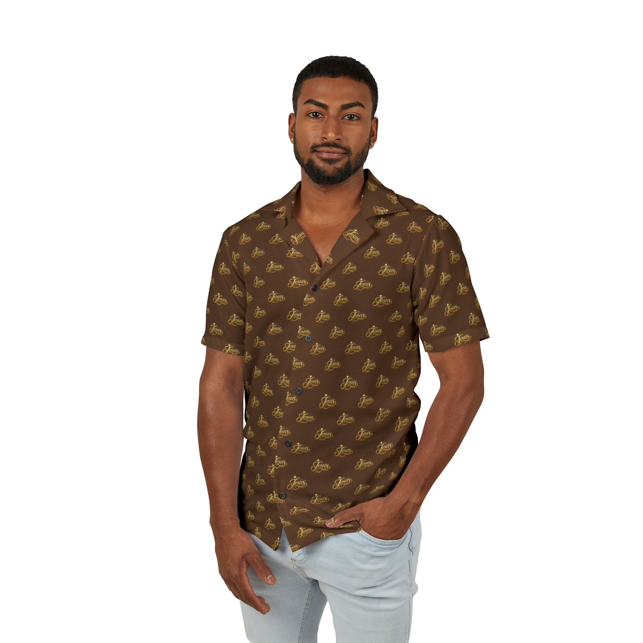 Jesus Brown Vintage Surf Hawaiian Shirt – Premium Christian Camp Button-Up | Retro Faith Beach Shirt