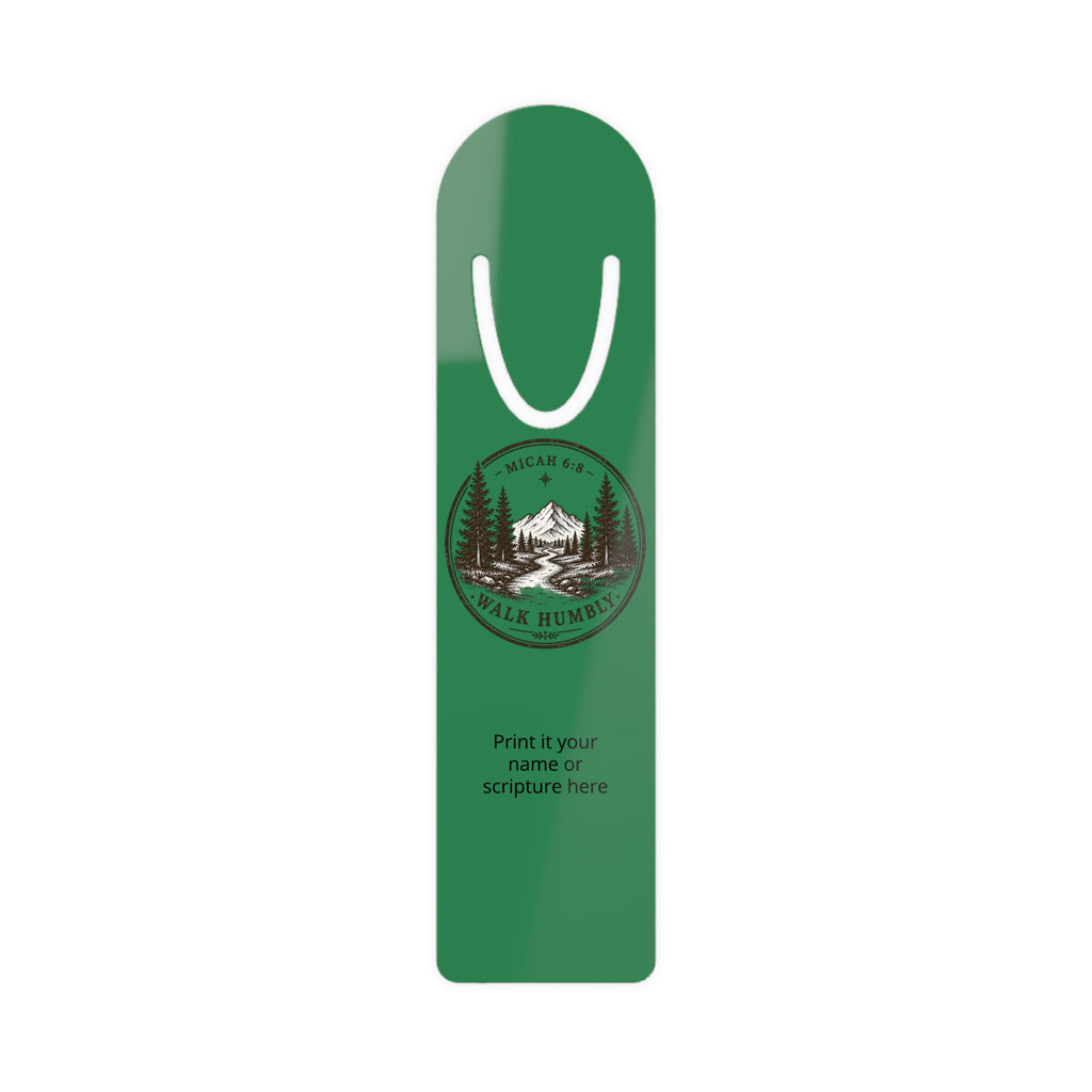 Personalized aluminum bookmark featuring a mountain trail nature emblem with custom name option, brushed metal backing, and secure page-holding slot for books, journals, and devotionals.