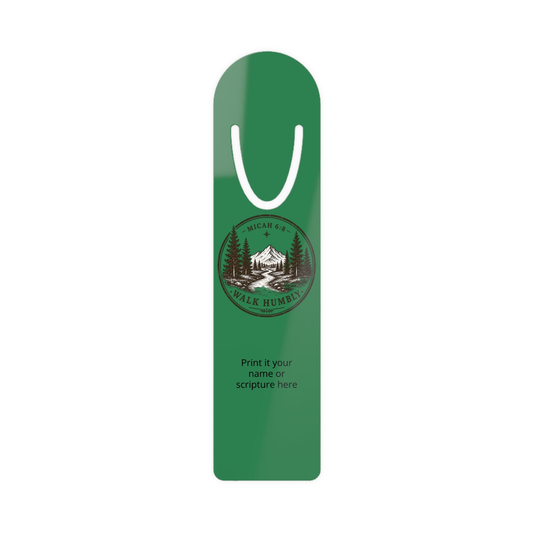 Personalized aluminum bookmark featuring a mountain trail nature emblem with custom name option, brushed metal backing, and secure page-holding slot for books, journals, and devotionals.