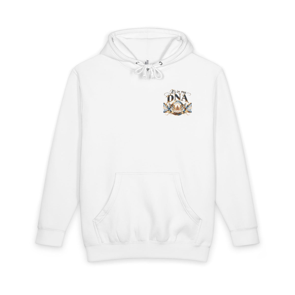 Front view of a white heavyweight Christian pullover hoodie featuring a small left-chest It's in My DNA design with gold and blue DNA strands, an open Bible, praying hands, and angel wings.


