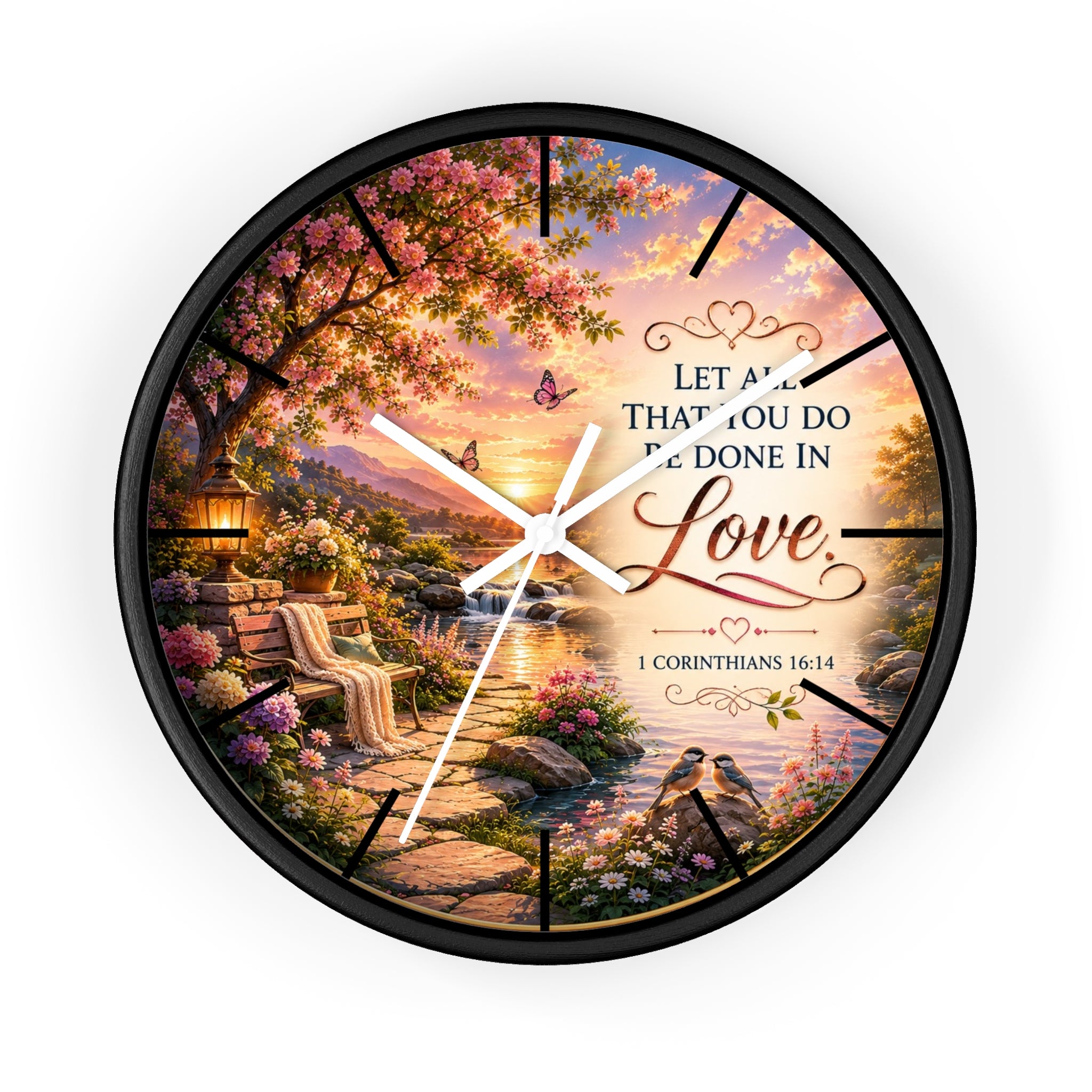 Inspirational Christian wall clock featuring a flower-lined lakeside sunrise scene with 1 Corinthians 16:14 scripture about doing all things in love.