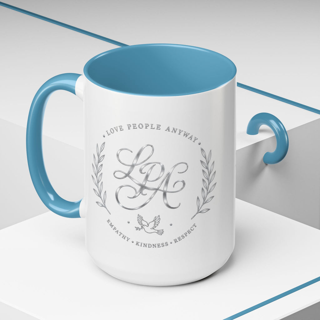Love People Anyway Silver Accent Coffee Mug | Inspirational Monogram Mug | Faith Freedom Creations