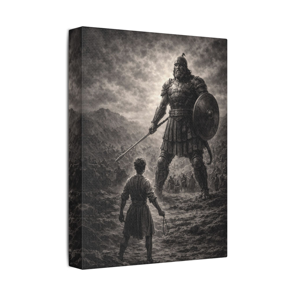 David vs Goliath Canvas — Monochrome Biblical Battle Wall Art
