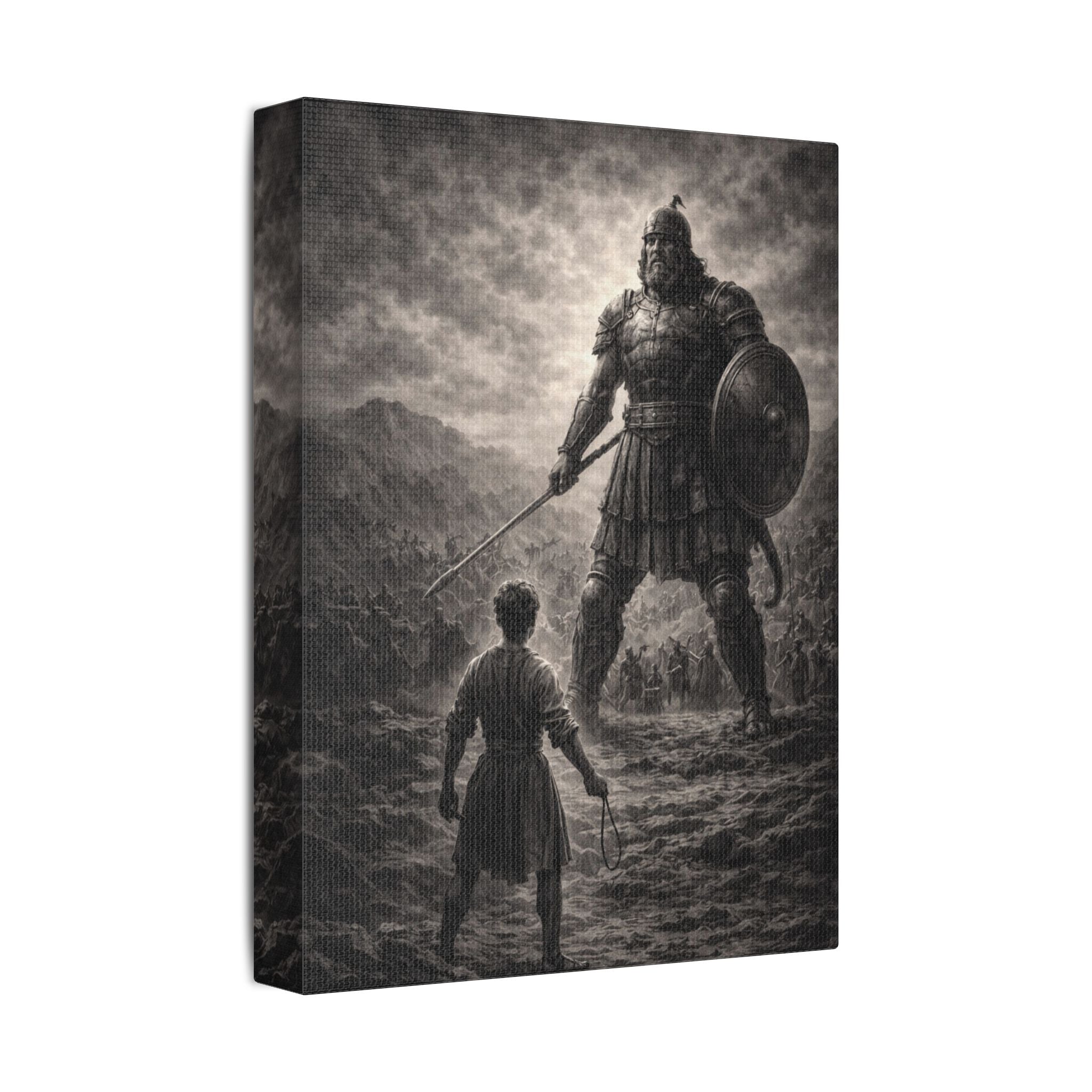 David vs Goliath Canvas — Monochrome Biblical Battle Wall Art