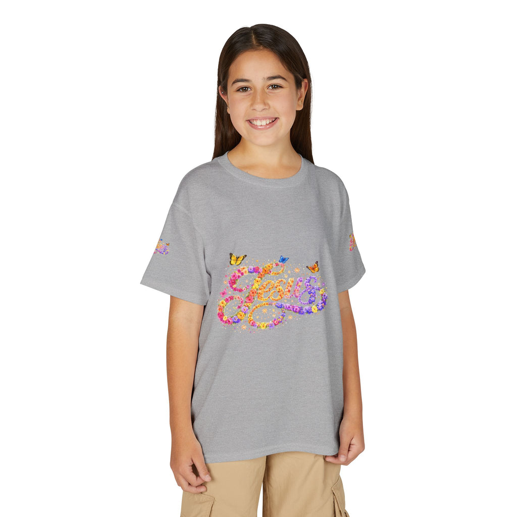 Youth Jesus Floral Butterfly T-Shirt – Christian Kids Faith Tee | Gratitude Sneaker Style Shirt