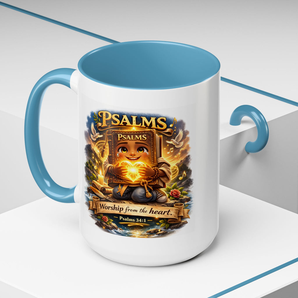 Inspirational Christian ceramic accent coffee mug featuring Psalm 34:1 and the message “Worship From the Heart” with colorful handle and interior accents on a glossy white mug.