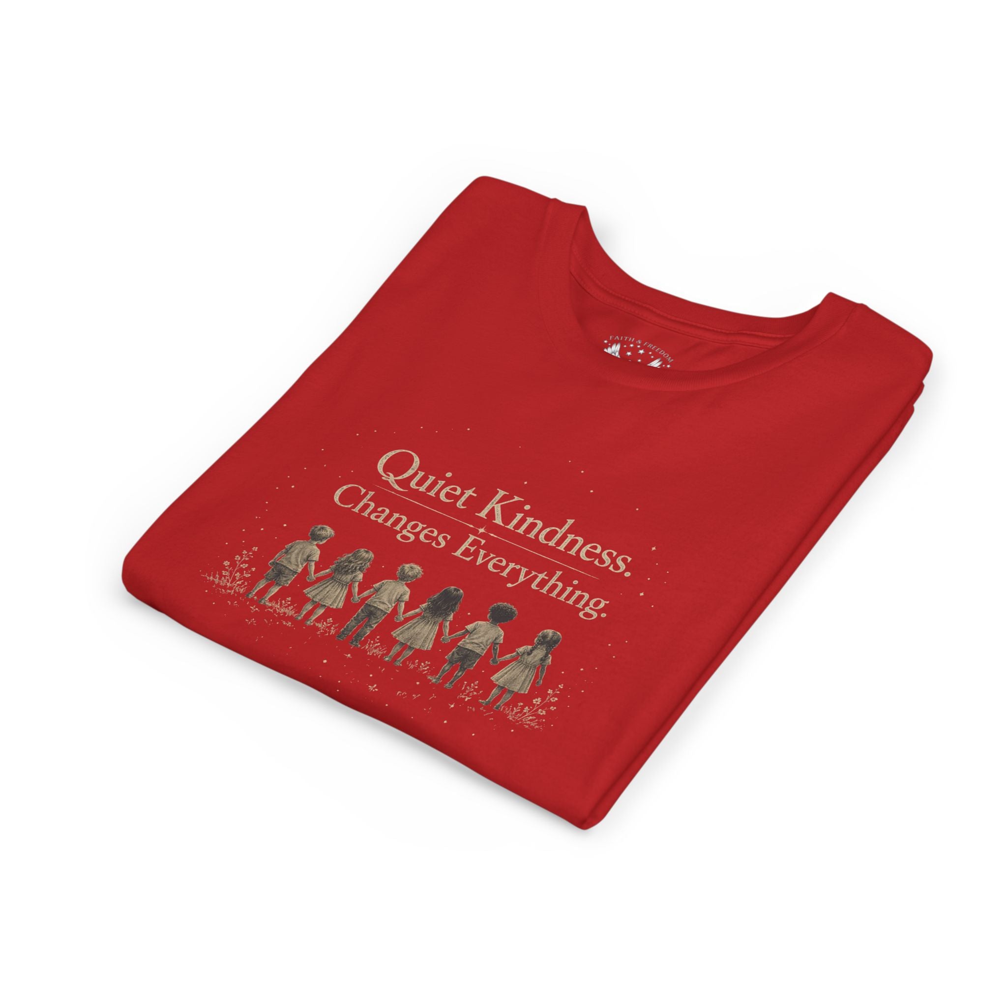 Youth “Quiet Kindness Changes Everything” Tee – Kids Inspirational T-Shirt with Earth & Friends Graphic