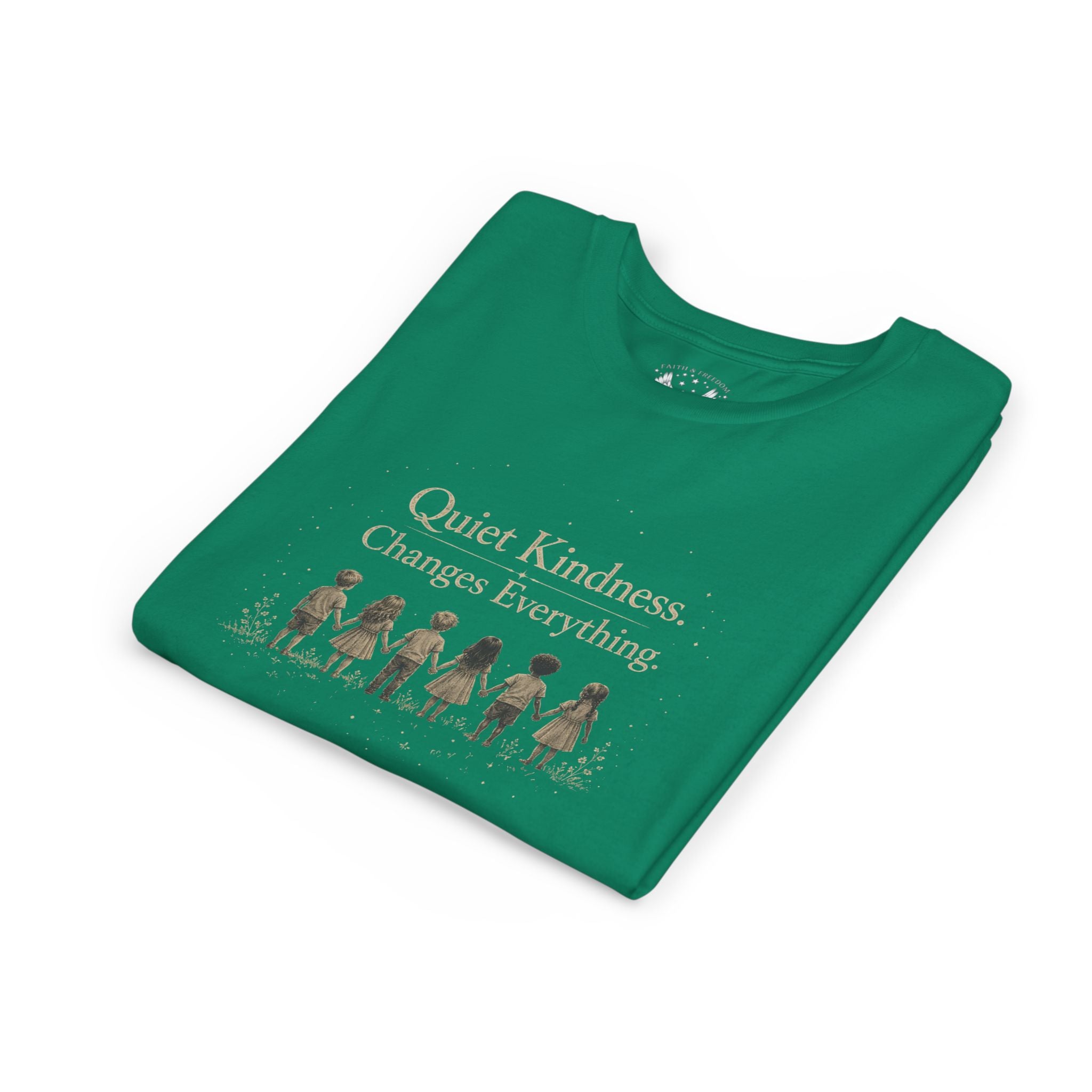 Youth “Quiet Kindness Changes Everything” Tee – Kids Inspirational T-Shirt with Earth & Friends Graphic
