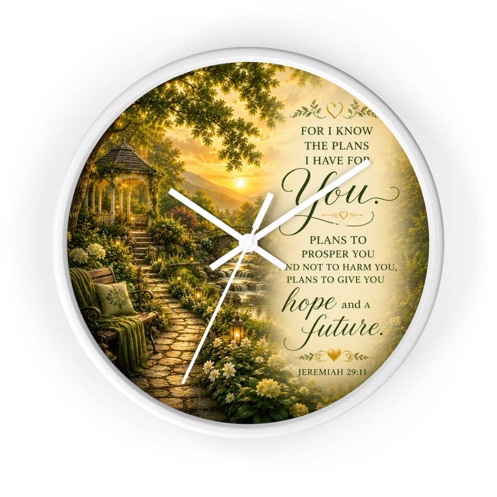 Inspirational Christian wall clock featuring a peaceful garden pathway, gazebo, and Jeremiah 29:11 scripture about hope and a future in warm sunset tones.