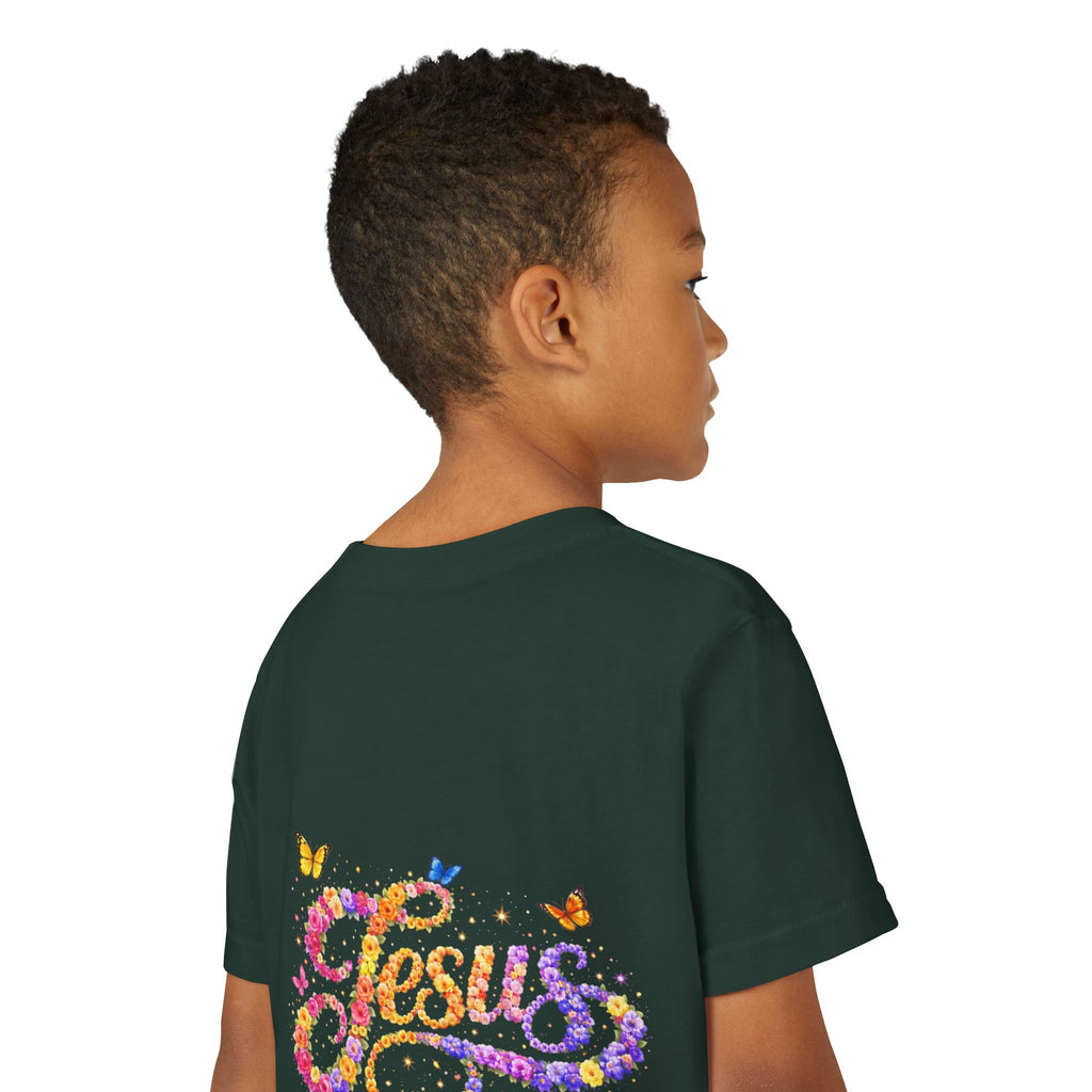 Youth Jesus Floral Script T-Shirt – Butterfly Christian Kids Tee | Faith Youth Shirt