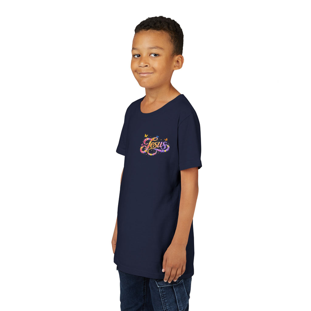 Youth Jesus Floral Script T-Shirt – Butterfly Christian Kids Tee | Faith Youth Shirt