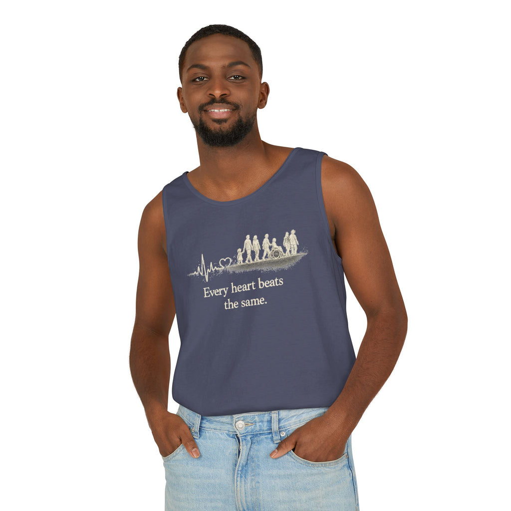 “Every Heart Beats the Same” Vintage Surf Tank Top – Garment-Dyed Coastal Unity Tank