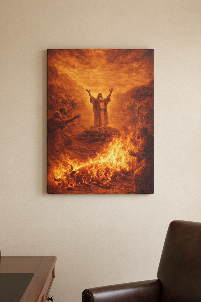 Elijah Calls Down Fire Canvas — Biblical Wall Art | Gold Revival Edition