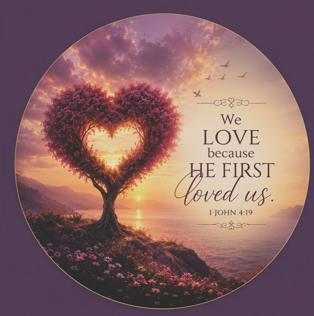 Inspirational Christian garden flag featuring a heart-shaped tree at sunset with the scripture “We Love Because He First Loved Us” in warm glowing tones.