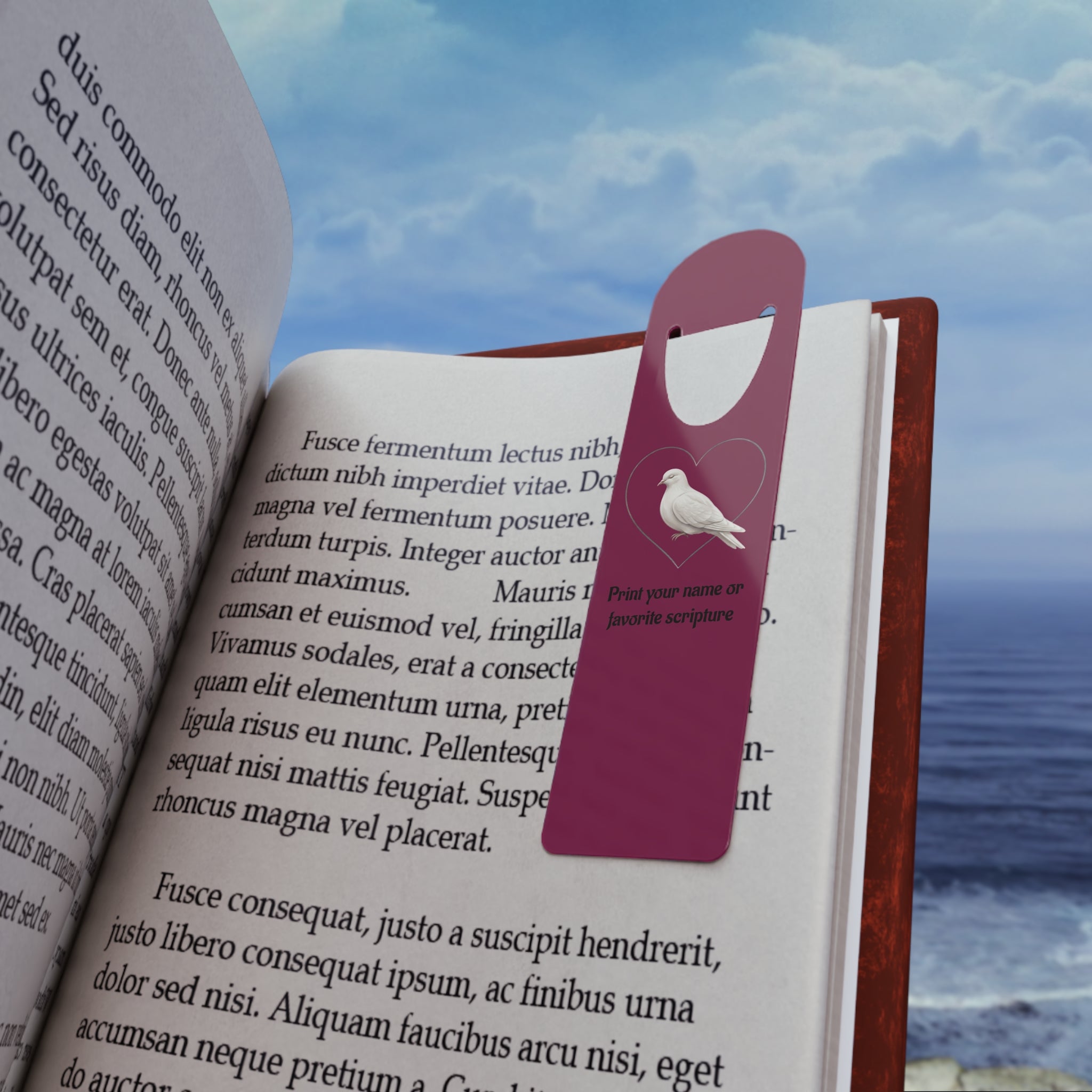 Personalized aluminum bookmark featuring a dove inside a heart design with custom name option, vibrant artwork, brushed metal backing, and secure page-holding slot for books, journals, and devotionals.