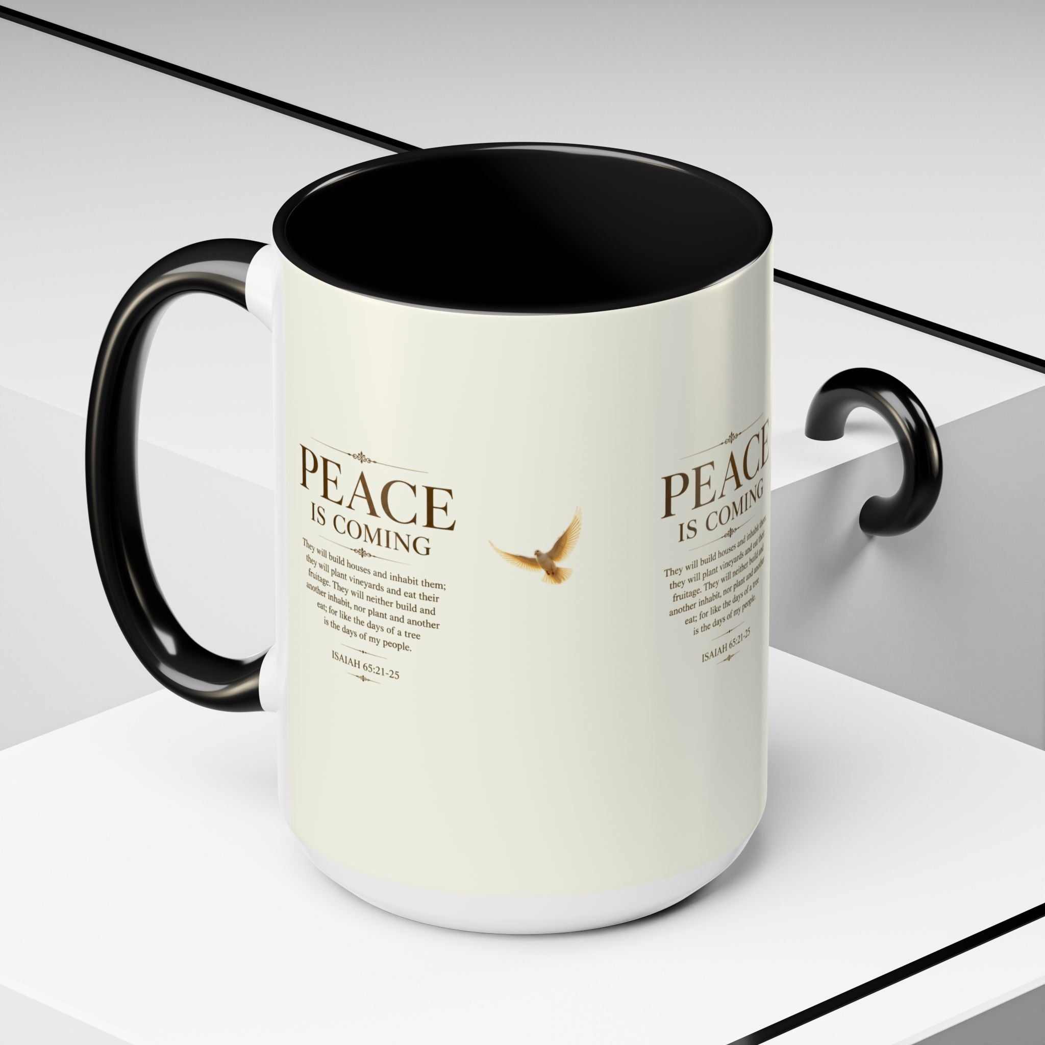 Peace Is Coming Accent Coffee Mug | Isaiah 65:21-25 Christian Mug | Inspirational Faith Gift