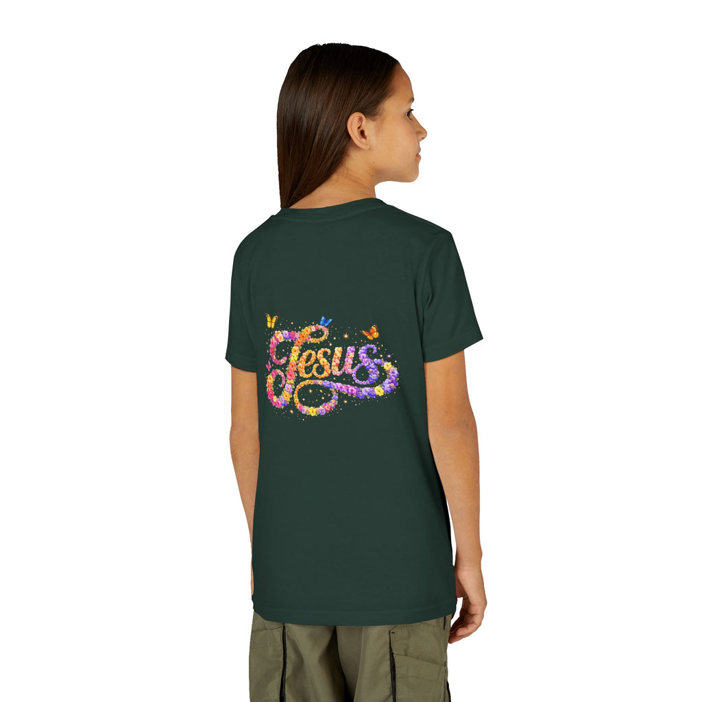 Youth Jesus Floral Script T-Shirt – Butterfly Christian Kids Tee | Faith Youth Shirt
