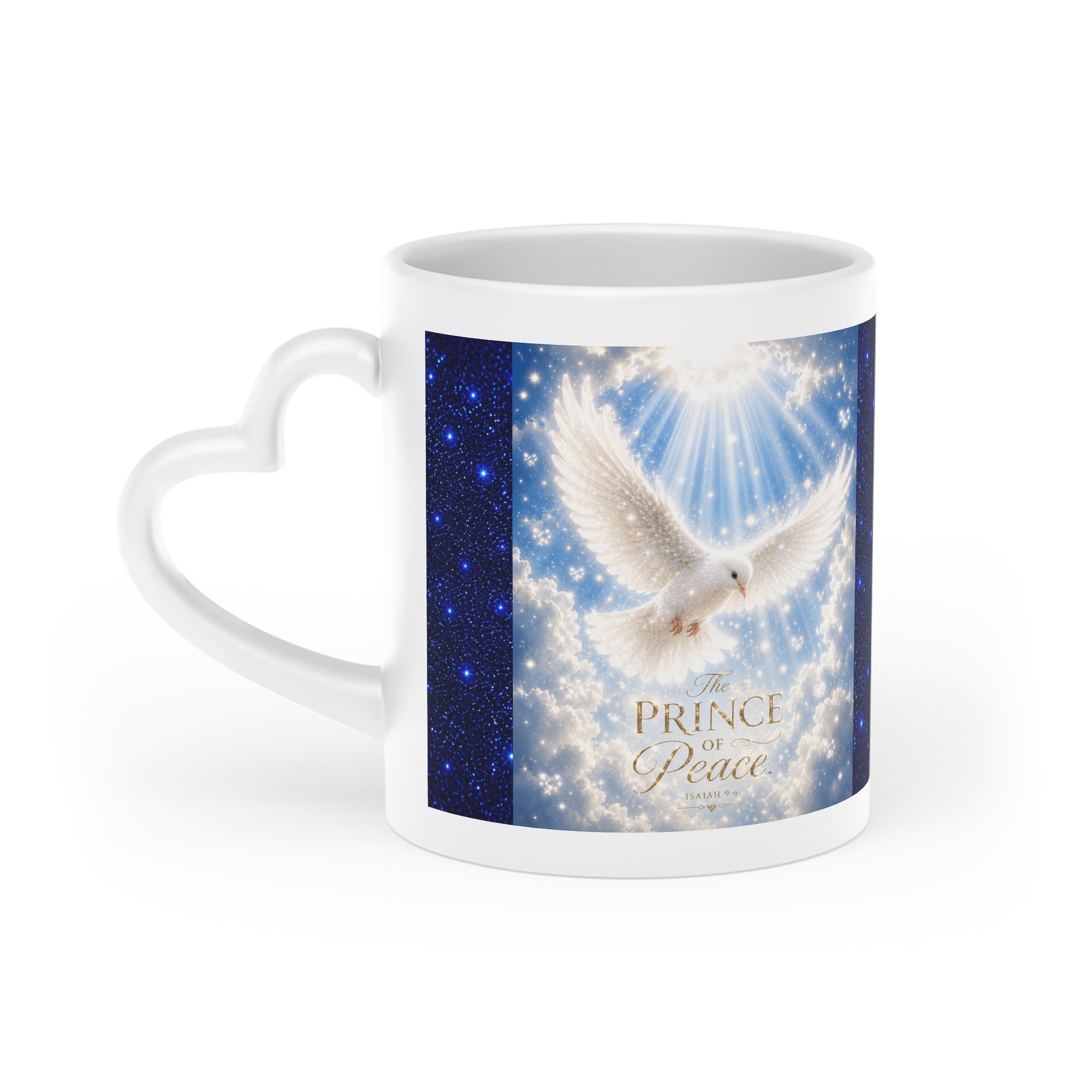 White ceramic heart-shaped handle mug featuring a radiant white dove beneath the words "Prince of Peace" on a deep midnight-blue starry sky background.
