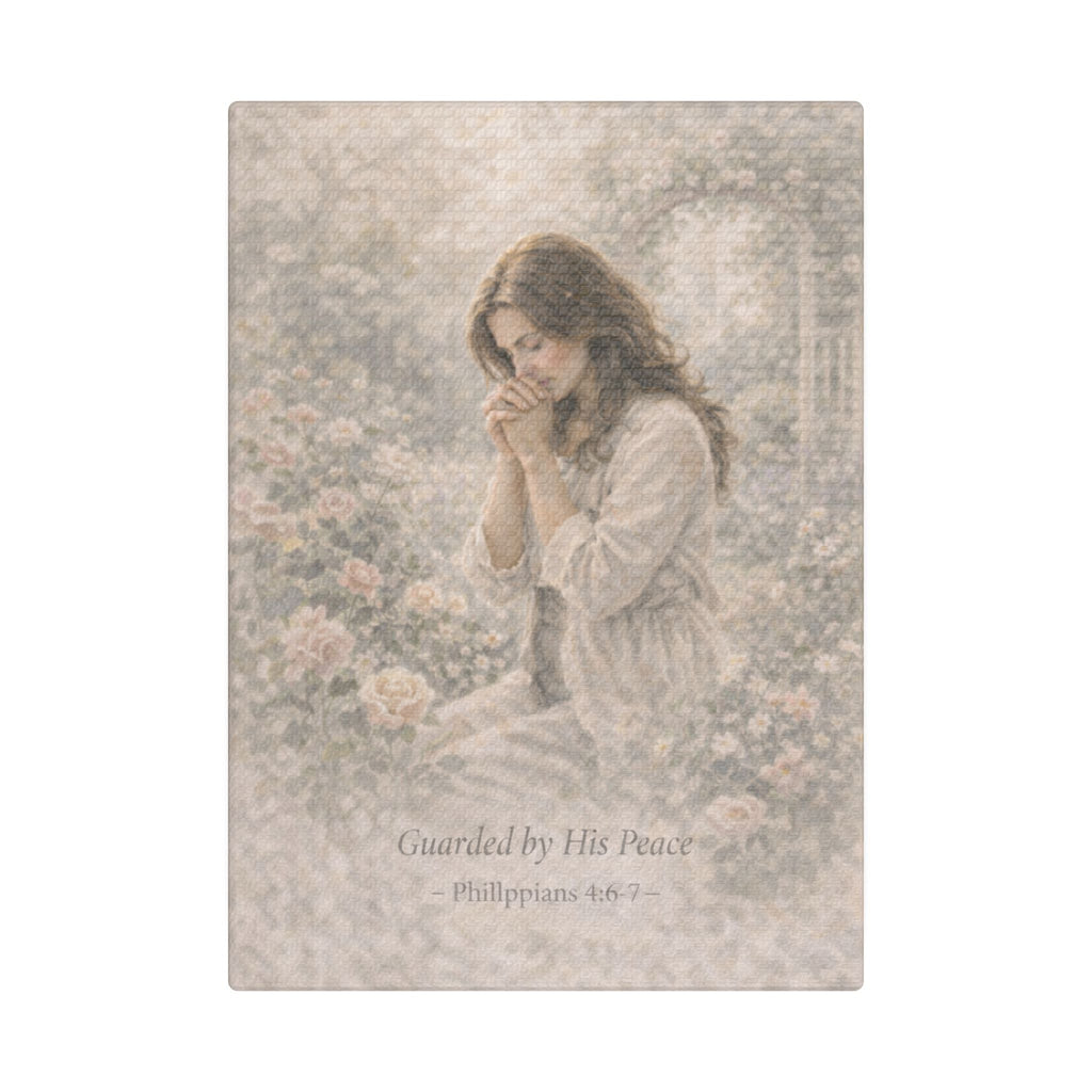 Guarded by His Peace Canvas Print – Prayer Girl Christian Wall Art | Faith Inspired Devotional Artwork