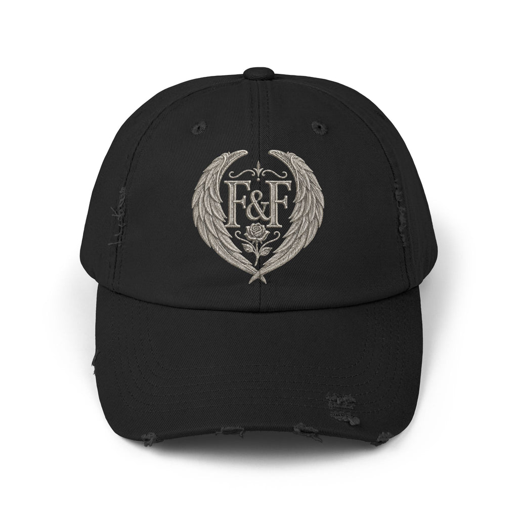 Distressed black Christian cap featuring the Faith & Freedom wing crest logo with feathered wings and vintage washed low-profile styling.