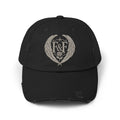 Distressed black Christian cap featuring the Faith & Freedom wing crest logo with feathered wings and vintage washed low-profile styling.