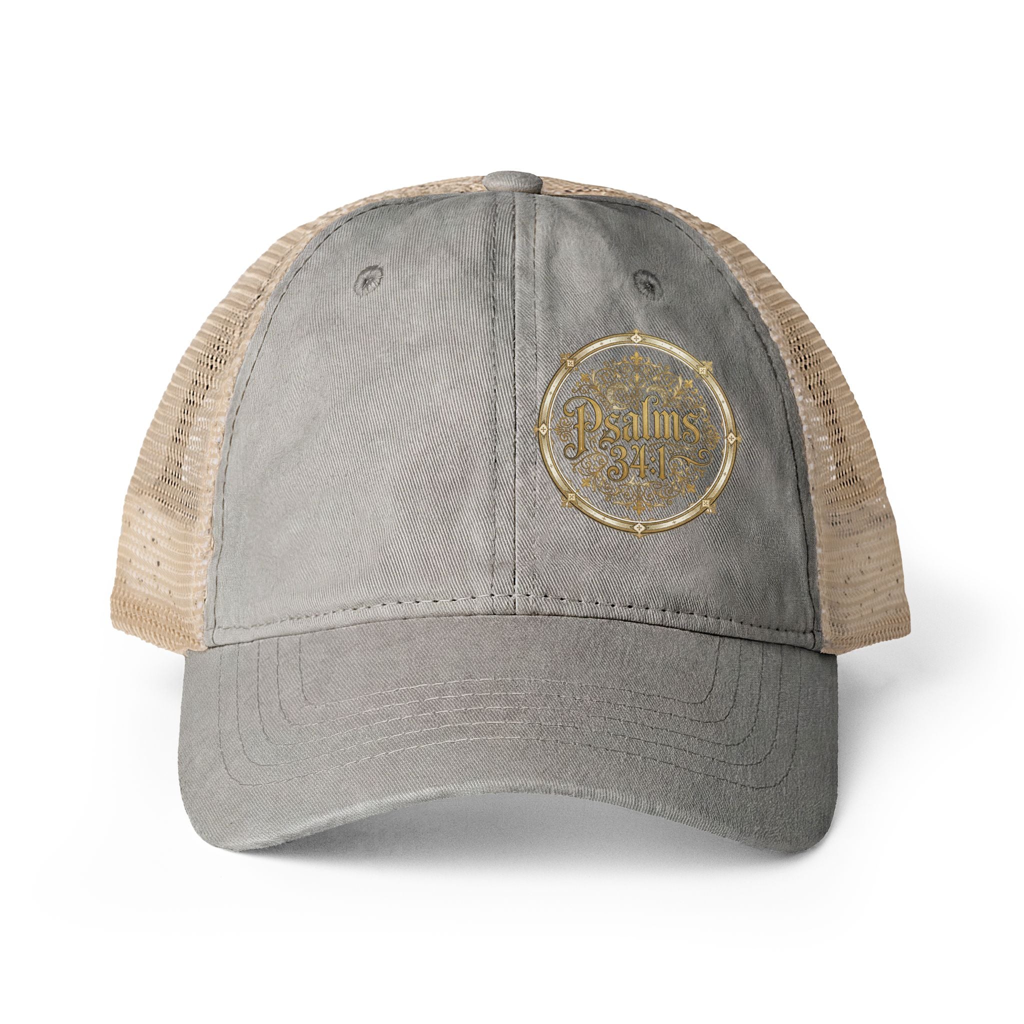 Women’s Washed Mesh-Back Cap – Psalm 34:1 Vintage Ponytail Hat | Faith & Freedom Creations