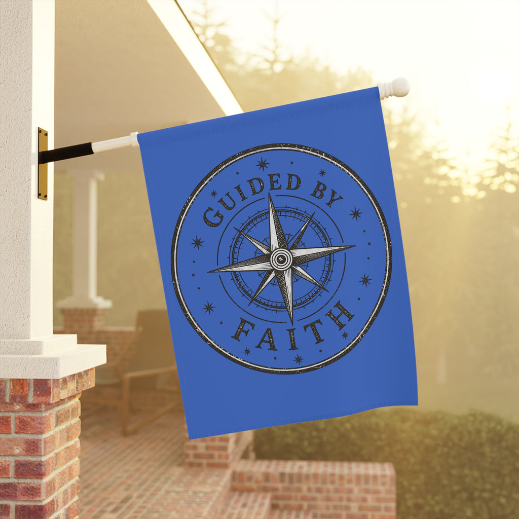 Christian garden flag featuring a vintage distressed compass design with the words “Guided By Faith” in rustic farmhouse style on a double-sided outdoor banner.