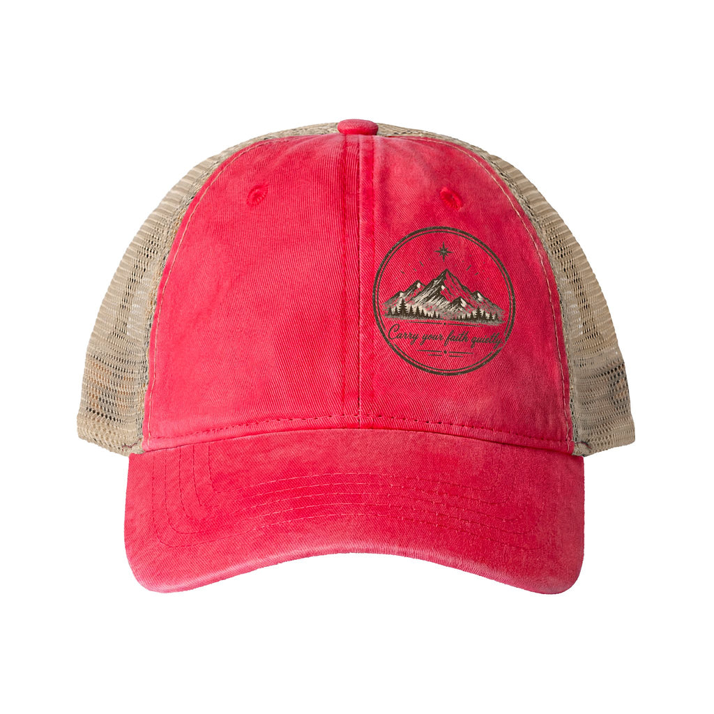 Women’s washed mesh-back Christian cap featuring the phrase “Carry Your Faith Quietly” with vintage styling and concealed ponytail opening.
