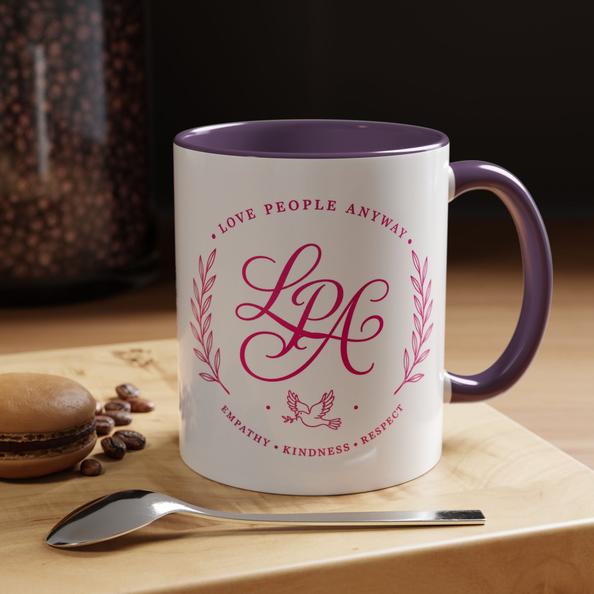 Love People Anyway Coffee Mug | Inspirational Pink Monogram Mug | Faith Freedom Creations