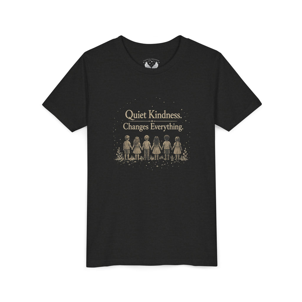 Youth “Quiet Kindness Changes Everything” Tee – Kids Inspirational T-Shirt with Earth & Friends Graphic