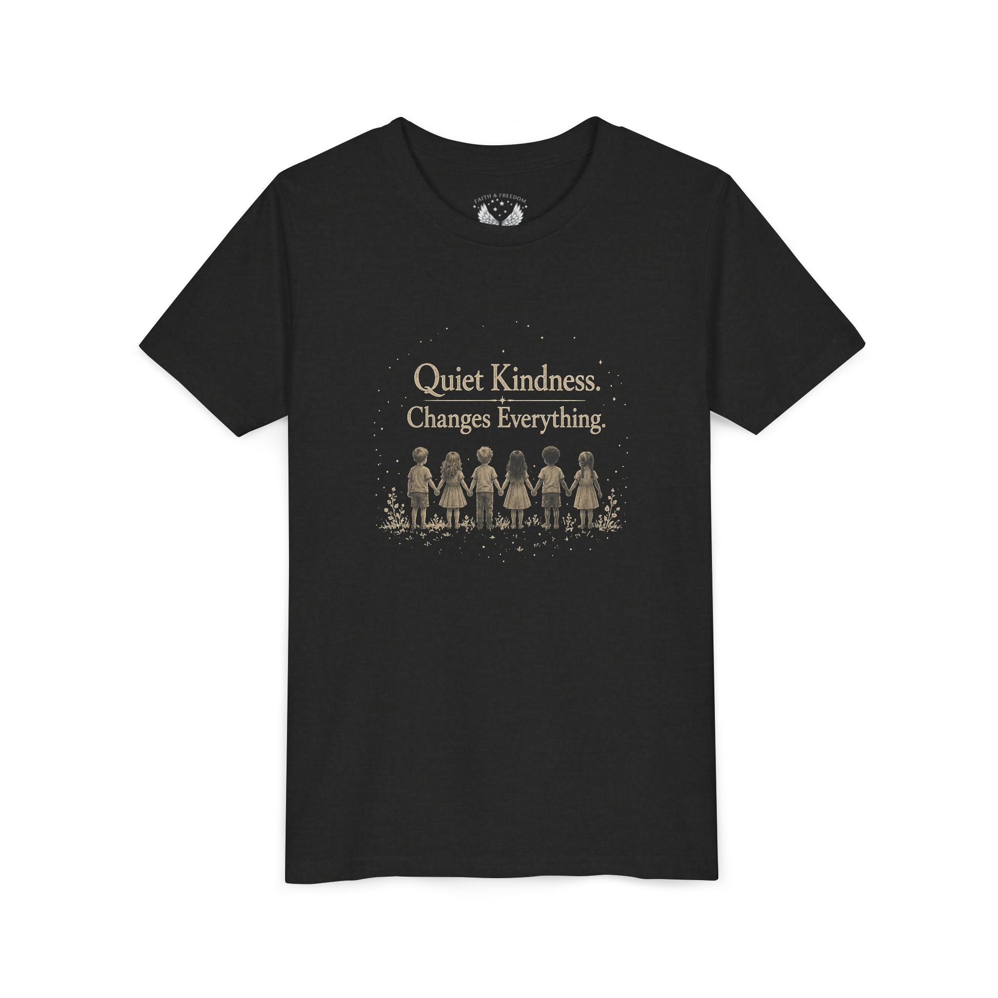 Youth “Quiet Kindness Changes Everything” Tee – Kids Inspirational T-Shirt with Earth & Friends Graphic