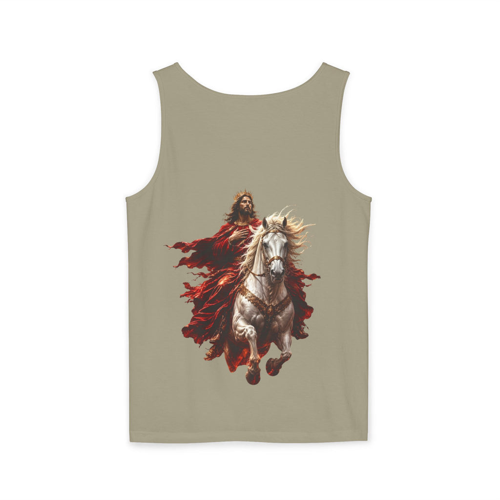 Christian tank top featuring Jesus riding a white horse with inspirational Second Coming artwork on a soft garment-dyed sleeveless shirt.
