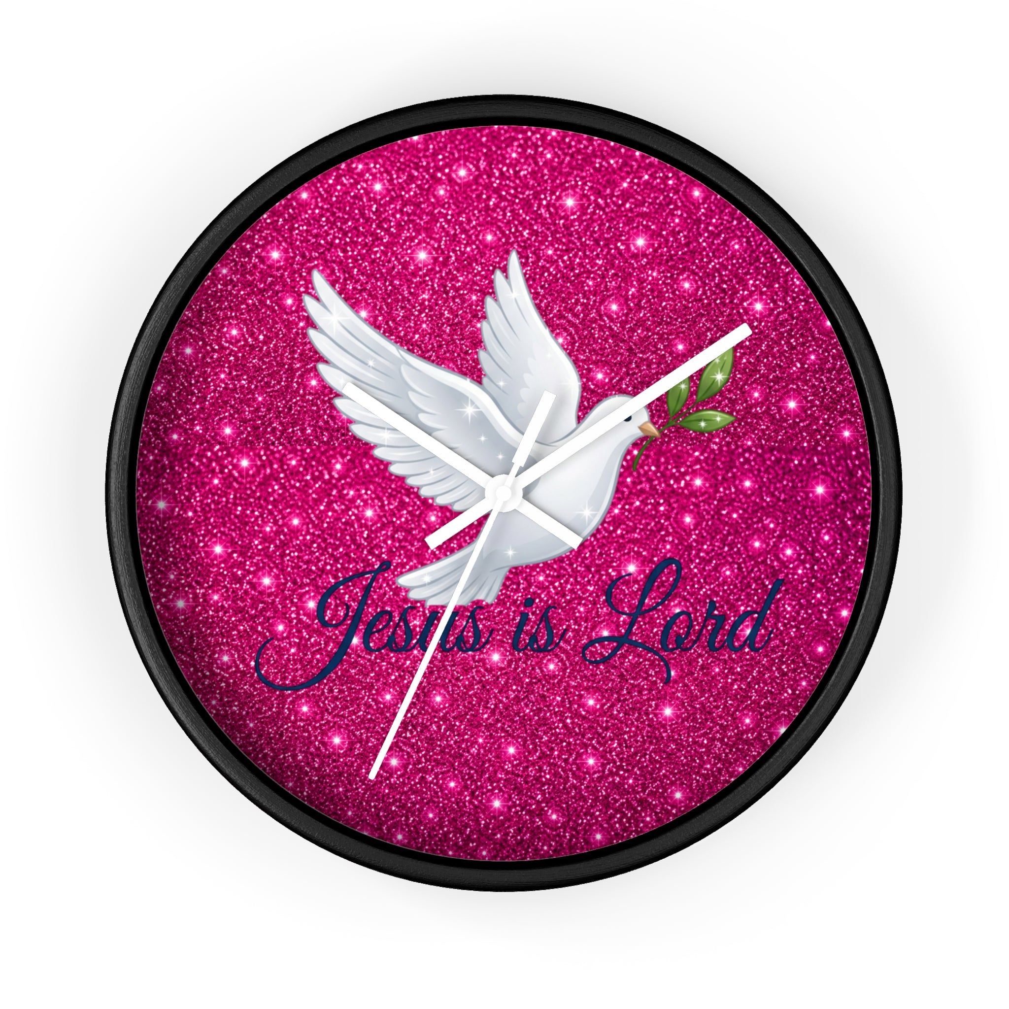 Round wall clock featuring a white dove carrying an olive branch with the words "Jesus Is Lord" on a sparkling pink background, finished with a wood frame and silent quartz movement.