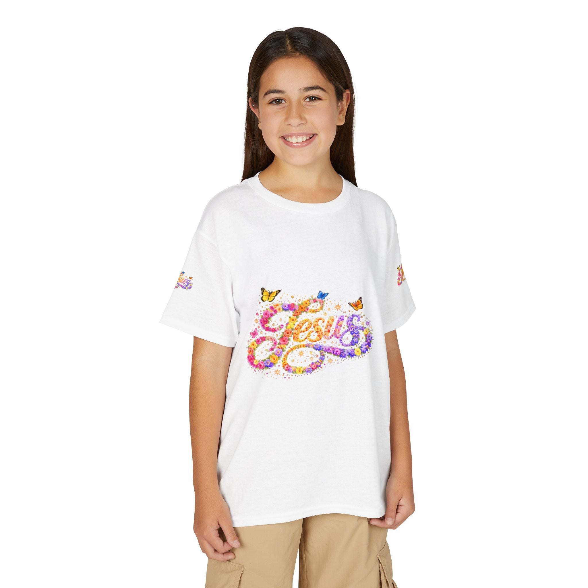 Youth Jesus Floral Butterfly T-Shirt – Christian Kids Faith Tee | Gratitude Sneaker Style Shirt