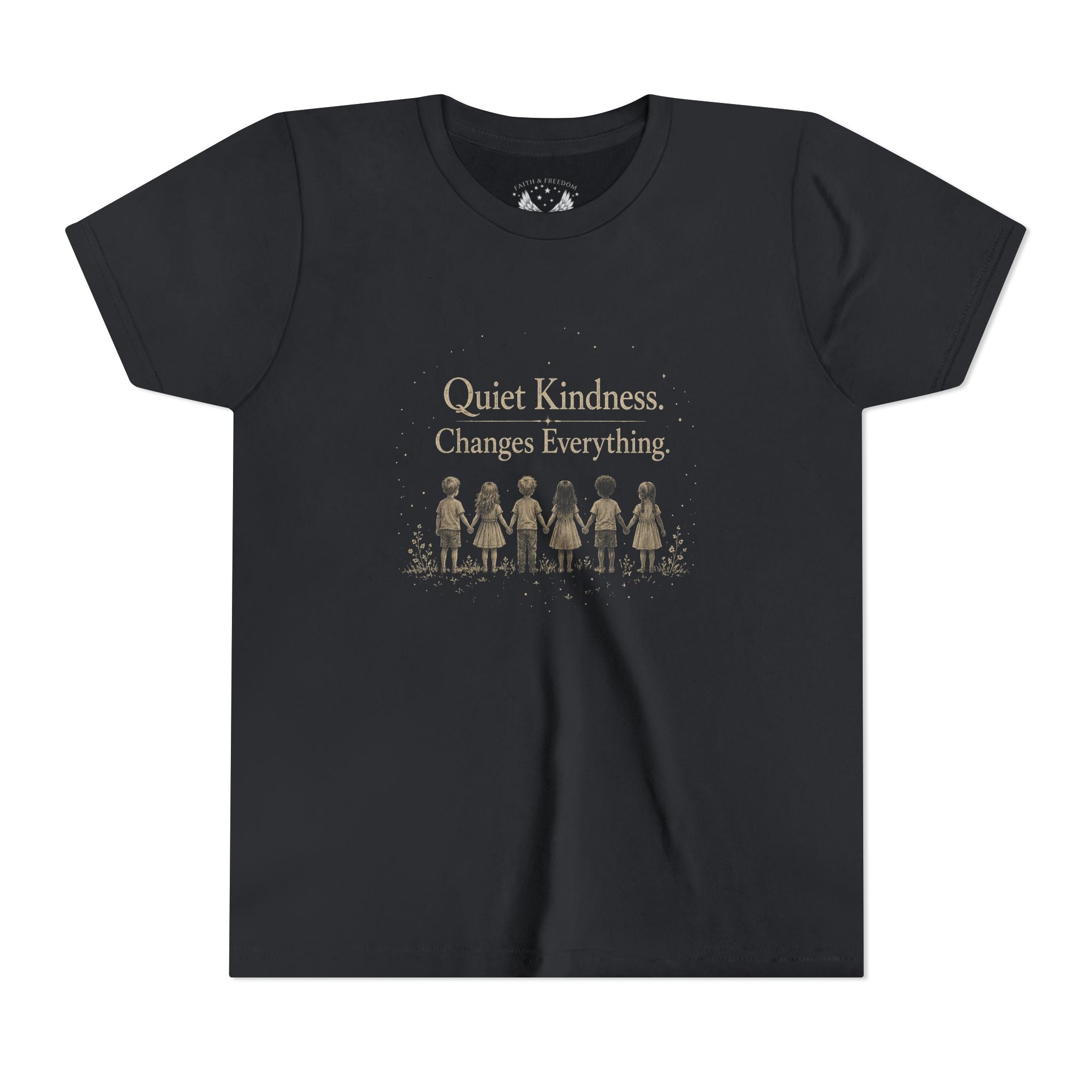 Youth “Quiet Kindness Changes Everything” Tee – Kids Inspirational T-Shirt with Earth & Friends Graphic