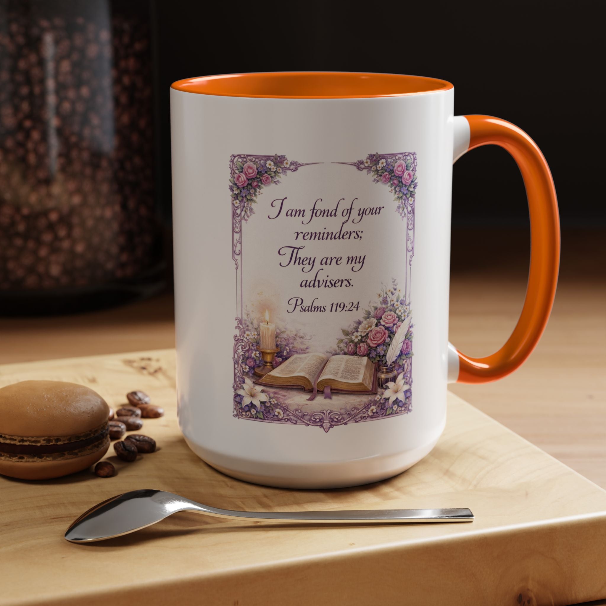 Inspirational Christian ceramic accent coffee mug featuring Psalm 119:24, delicate floral artwork, and the message “I am fond of your reminders” with colorful handle and interior accents.
