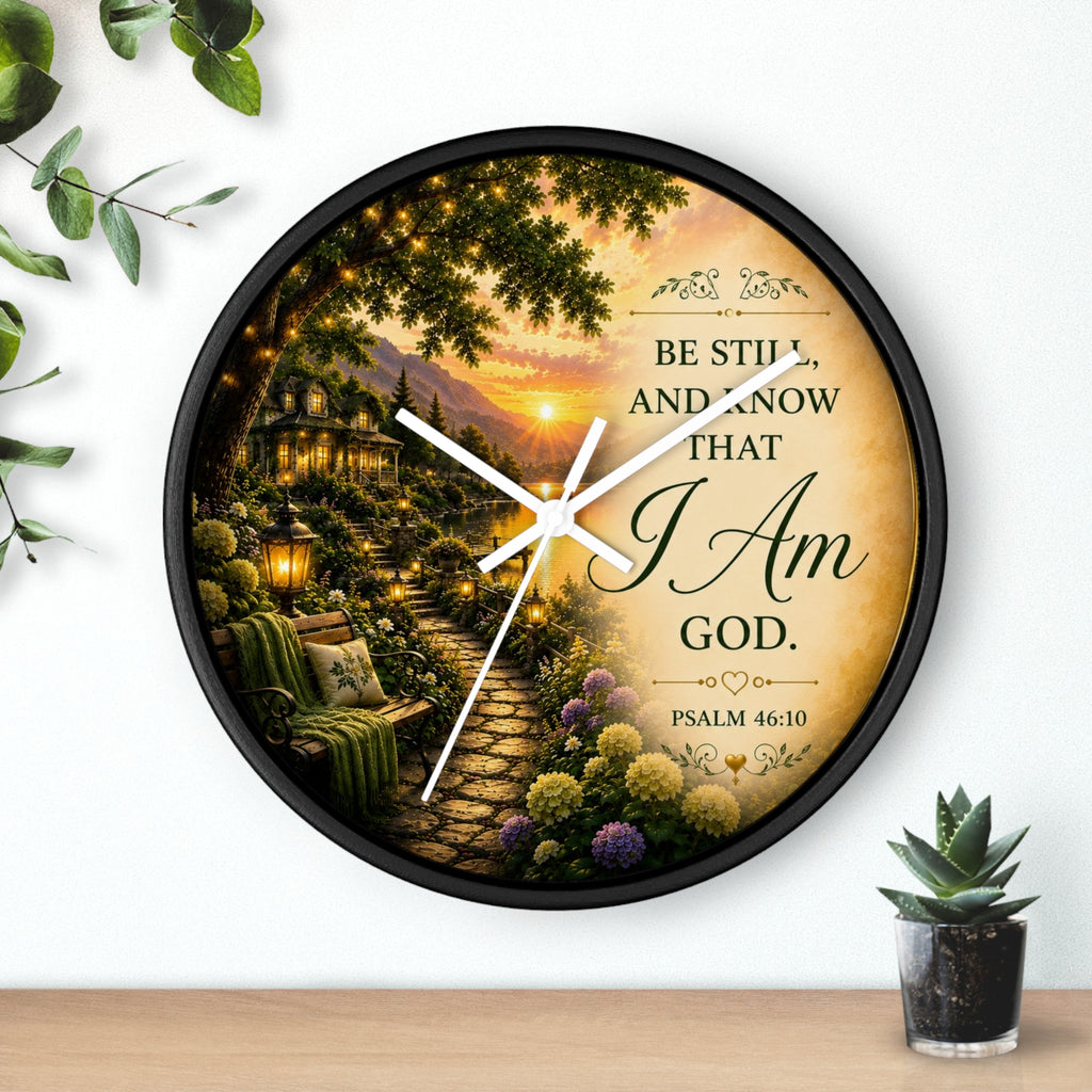 Inspirational Christian wall clock featuring a peaceful sunset garden scene with Psalm 46:10 scripture “Be Still and Know That I Am God” in warm glowing tones.