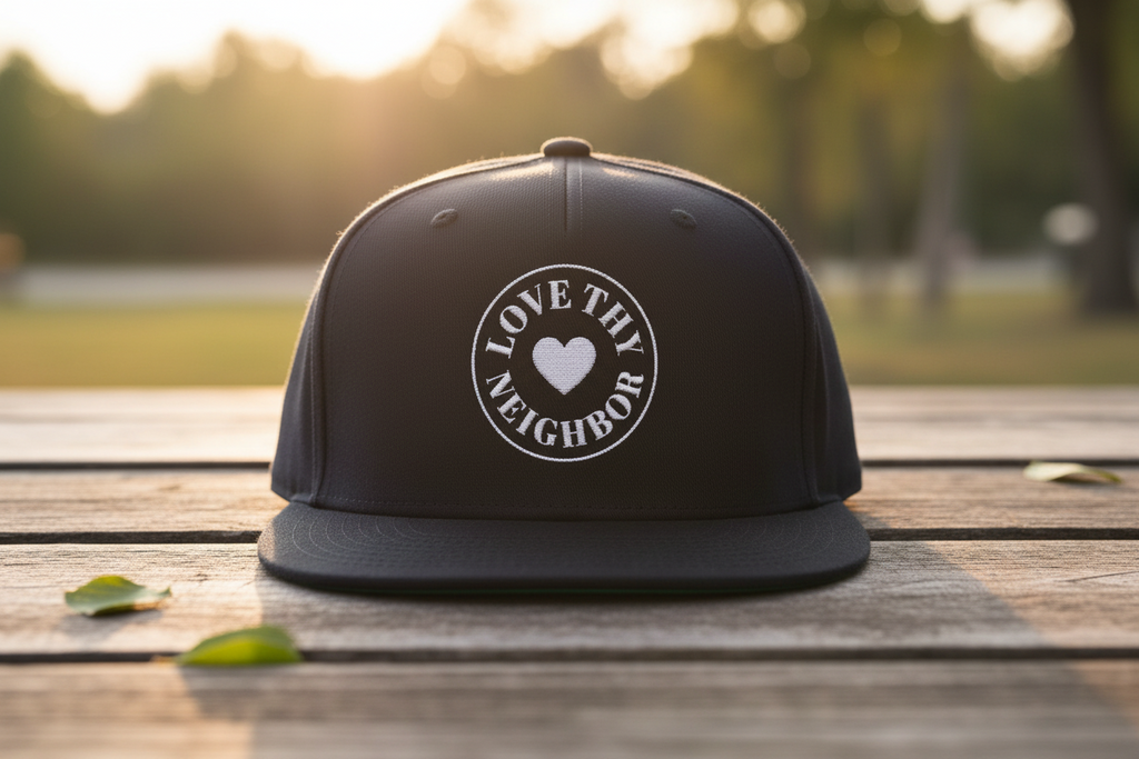 A black snapback cap with a white circular 'LOVE THY NEIGHBOR' and heart graphic on the front, resting on a wooden table outdoors with a blurred park background at sunset.