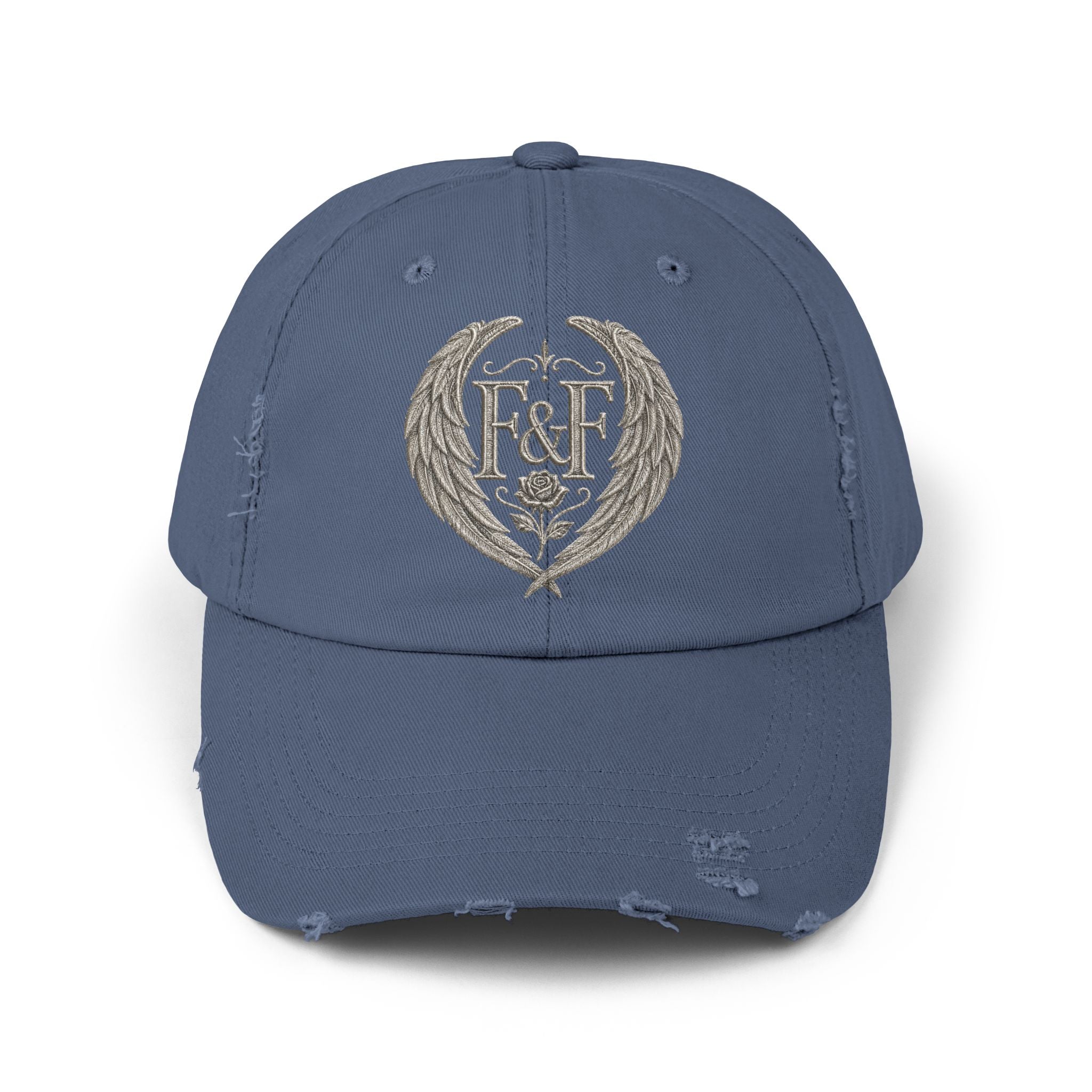 Distressed black Christian cap featuring the Faith & Freedom wing crest logo with feathered wings and vintage washed low-profile styling.