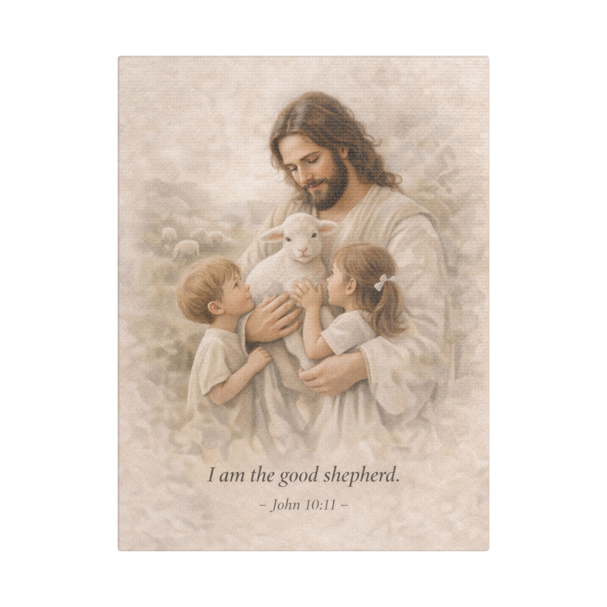 Jesus with Children Satin Canvas Print — "I am the good shepherd" (John 10:11)