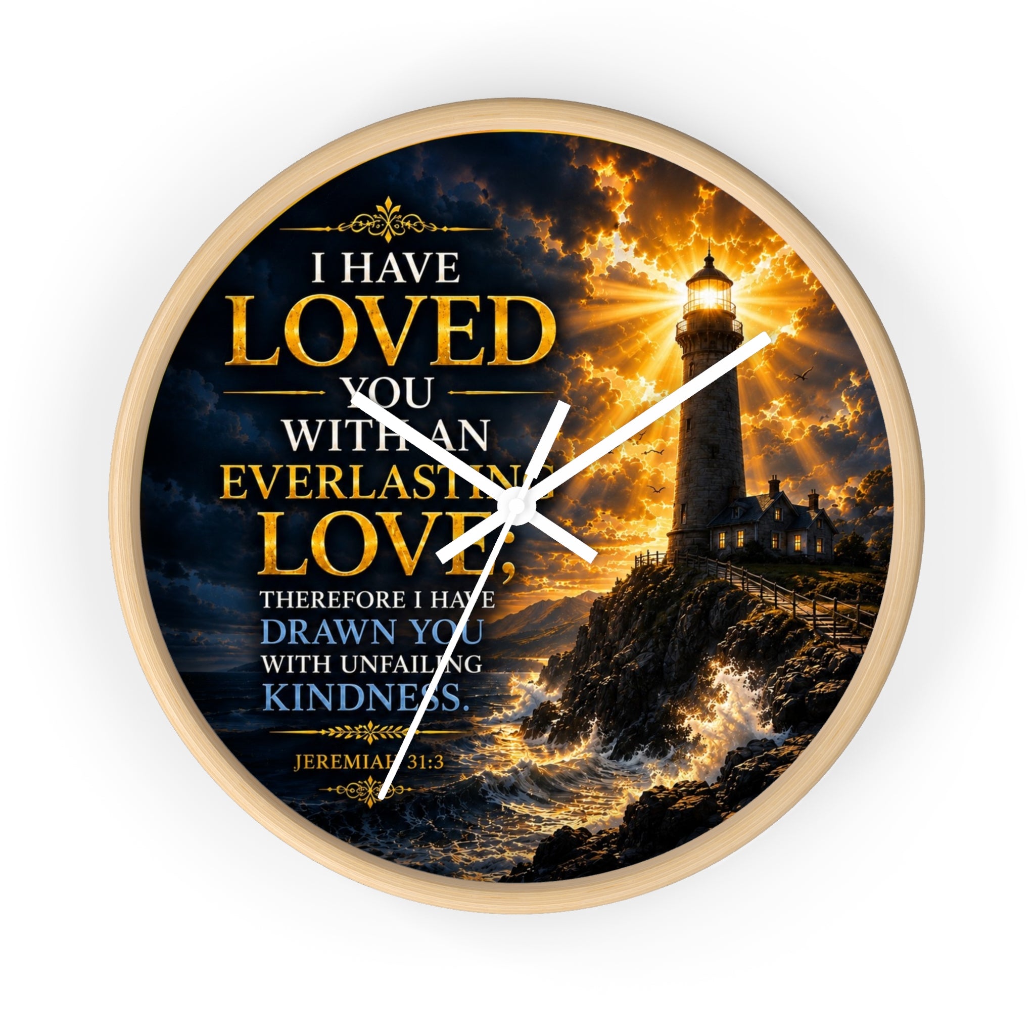 Inspirational Christian wall clock featuring a glowing lighthouse over stormy seas with Jeremiah 31:3 scripture about everlasting love in warm golden tones.