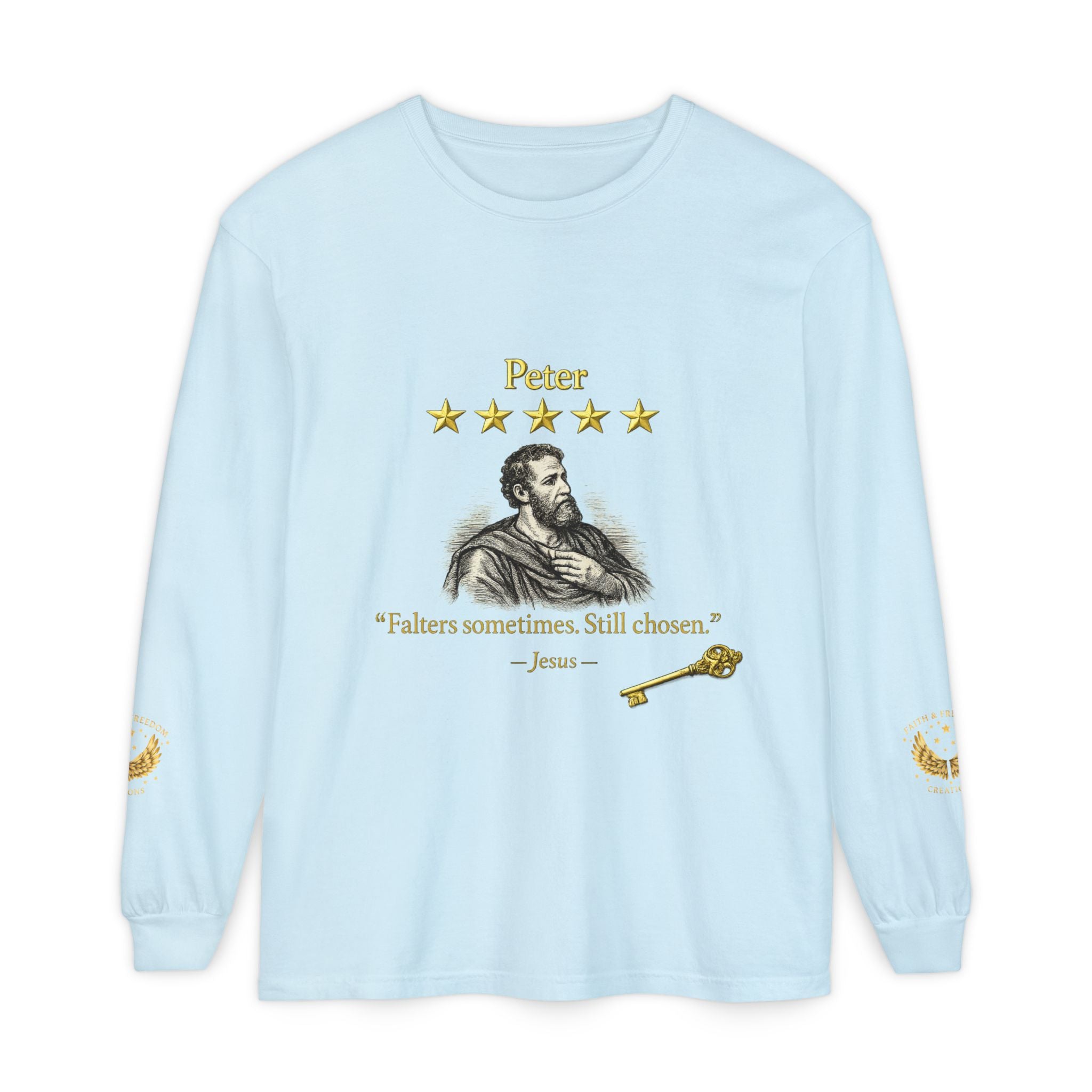 Peter Scripture Long Sleeve T-Shirt — "Falters sometimes. Still chosen." Review by Jesus